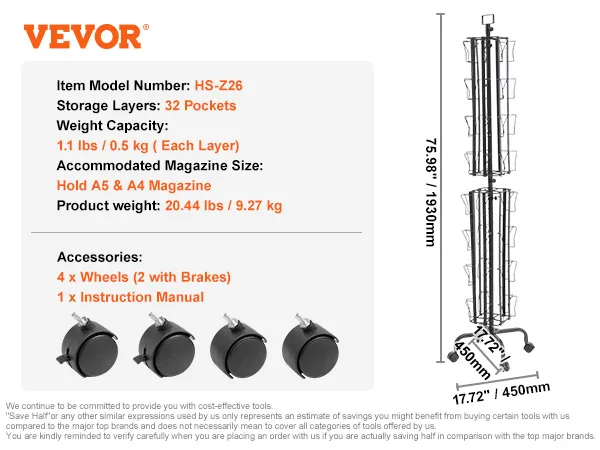 VEVOR greeting cards display rack, 32 pockets, 75.98" tall with wheels and brakes, holds a5 & a4 magazines.