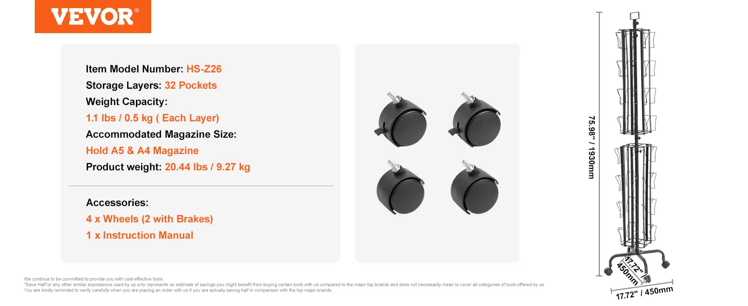 VEVOR greeting cards display rack, 32 pockets, 75.98" tall with wheels and brakes, holds a5 & a4 magazines.