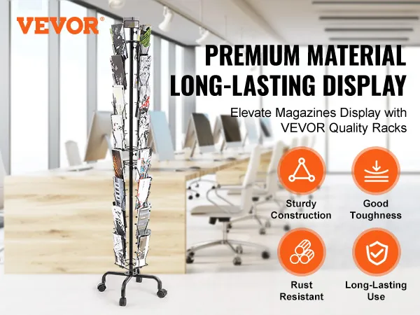 VEVOR greeting cards display rack in modern office, showcasing sturdy construction and long-lasting use.