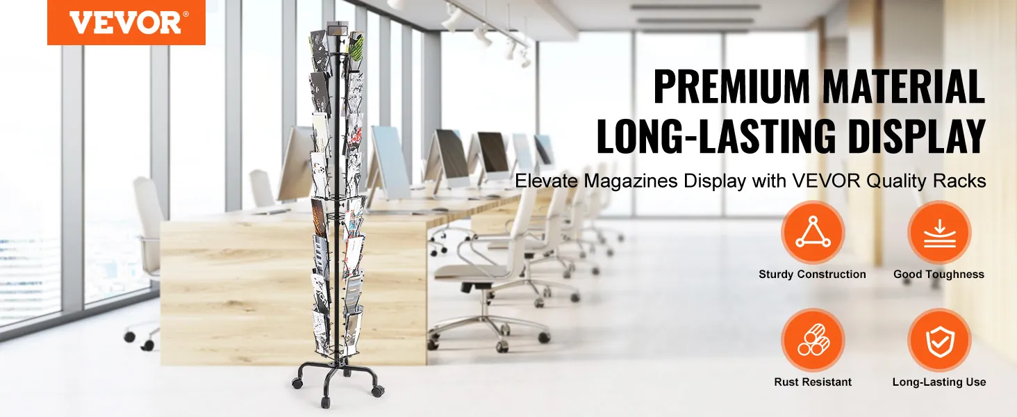 VEVOR greeting cards display rack in modern office, showcasing sturdy construction and long-lasting use.