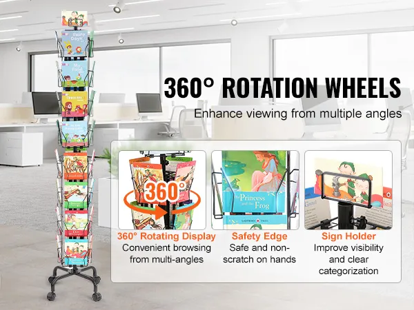 VEVOR greeting cards display rack with 360° rotation wheels for easy browsing in an office.