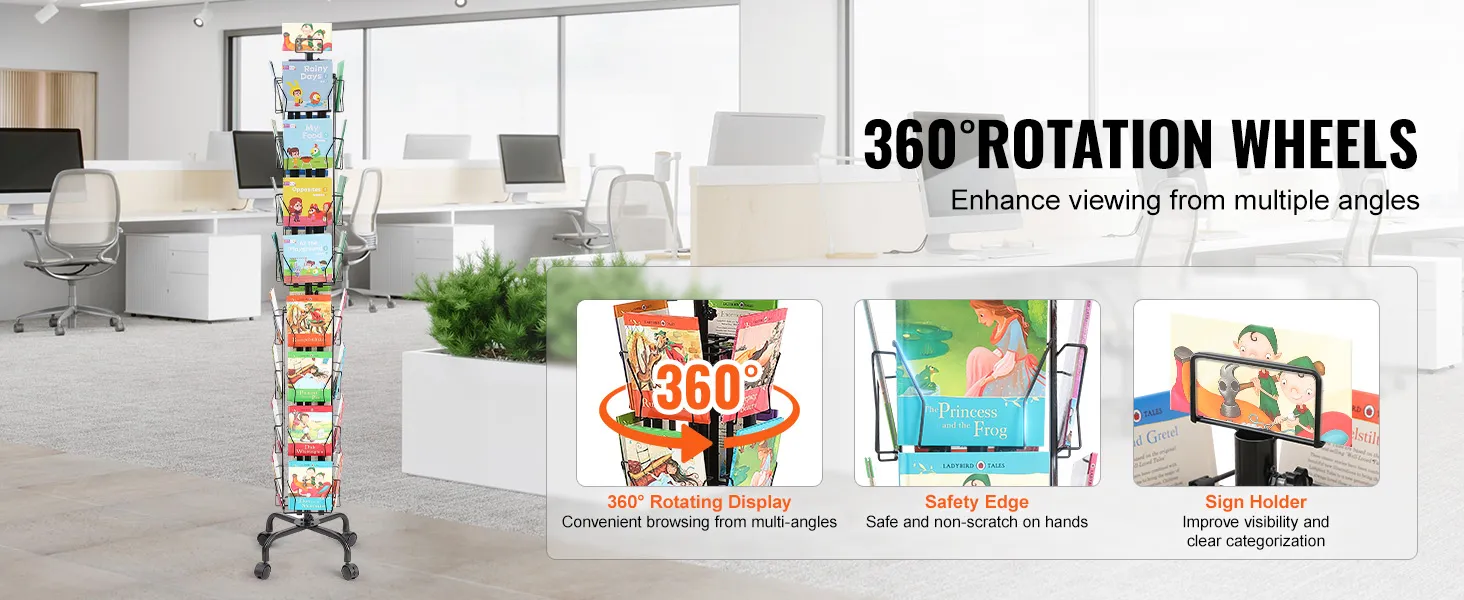VEVOR greeting cards display rack with 360° rotation wheels for easy browsing in an office.