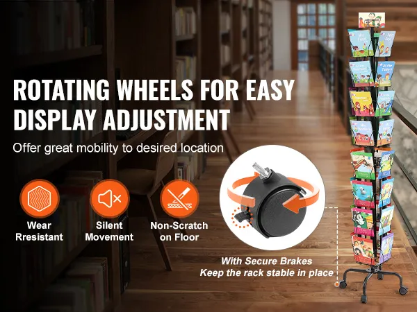 VEVOR greeting cards display rack with rotating wheels and secure brakes in a library setting.