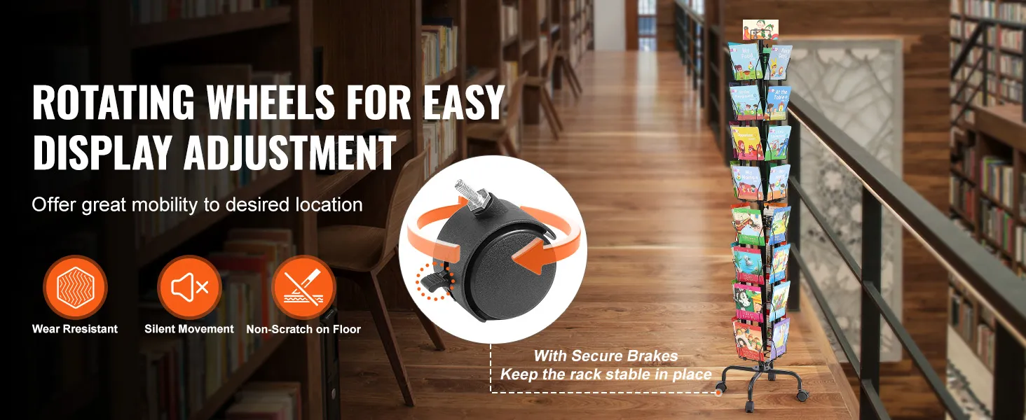 VEVOR greeting cards display rack with rotating wheels and secure brakes in a library setting.