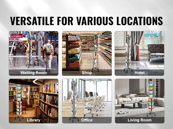 VEVOR greeting cards display rack in various settings: waiting room, shop, hotel, library, office, living room.