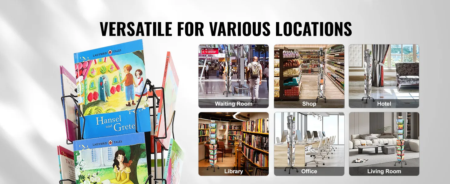 VEVOR greeting cards display rack in various settings: waiting room, shop, hotel, library, office, living room.