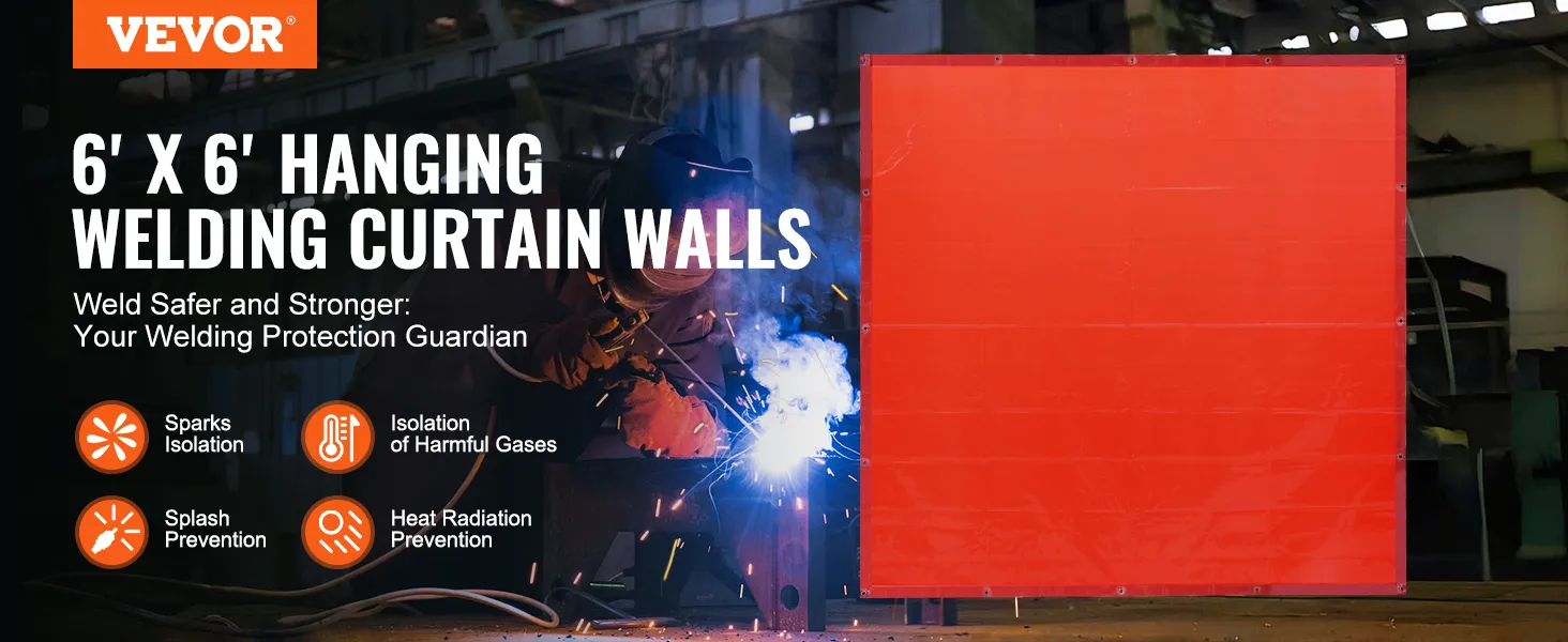VEVOR welding curtain walls, 6' x 6', includes features like sparks, gas, splash, and heat isolation.