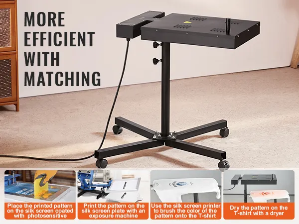 VEVOR flash dryer for silk screen printing with instructions on matching equipment for t-shirt design.