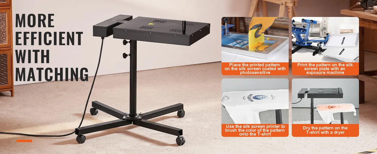 VEVOR flash dryer for silk screen printing with instructions on matching equipment for t-shirt design.