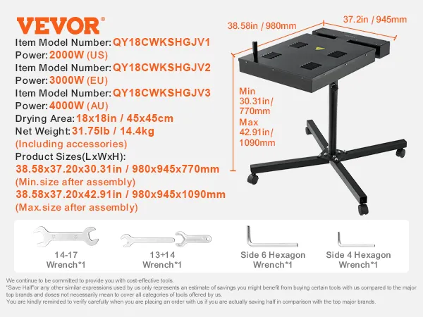 VEVOR pro flashdroger, vermogen van 2000-3000 W, verstelbare hoogte, droogoppervlak van 45x45 cm, inclusief gereedschap.