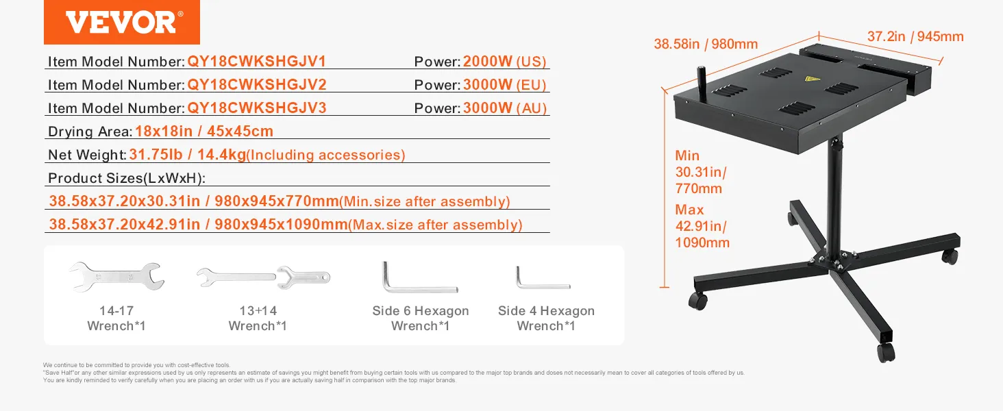 VEVOR pro flashdroger, vermogen van 2000-3000 W, verstelbare hoogte, droogoppervlak van 45x45 cm, inclusief gereedschap.