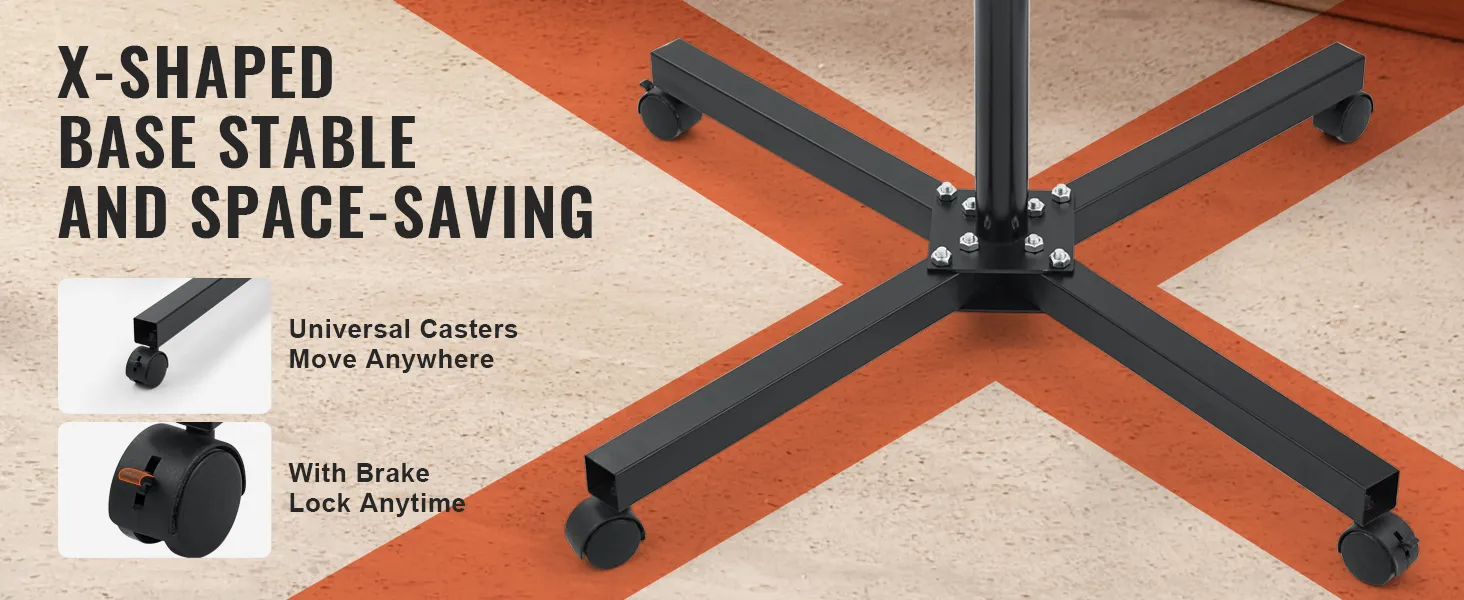 X-vormige basis van de VEVOR pro flashdroger met universele wielen en remvergrendeling, stabiel en ruimtebesparend.