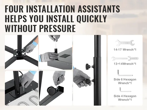 Installatiestappen voor de VEVOR pro flashdroger met sleutels en inbussleutels voor een snelle en eenvoudige installatie.