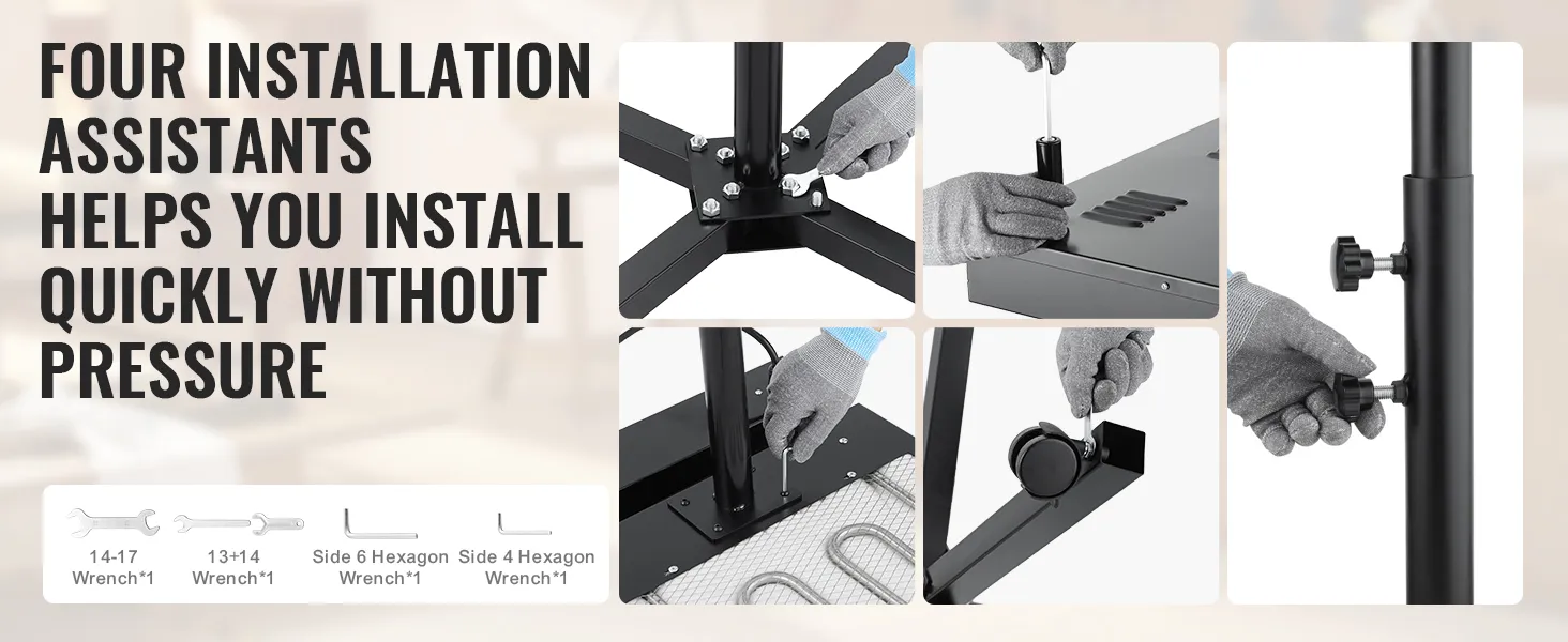 Installatiestappen voor de VEVOR pro flashdroger met sleutels en inbussleutels voor een snelle en eenvoudige installatie.