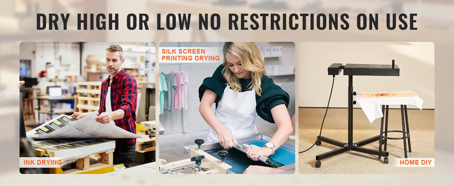 VEVOR pro flash droger voor het drogen van inkt, zeefdruk en doe-het-zelfprojecten. Kan hoog of laag worden gedroogd.