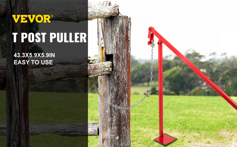 VEVOR t post puller lifting wooden post with red lever on grassy field.
