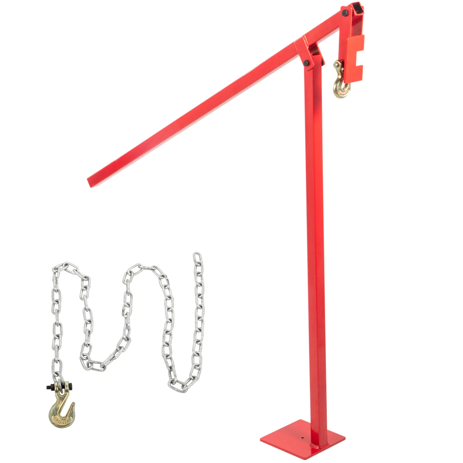 red VEVOR t post puller with a metal chain and hook attachment.