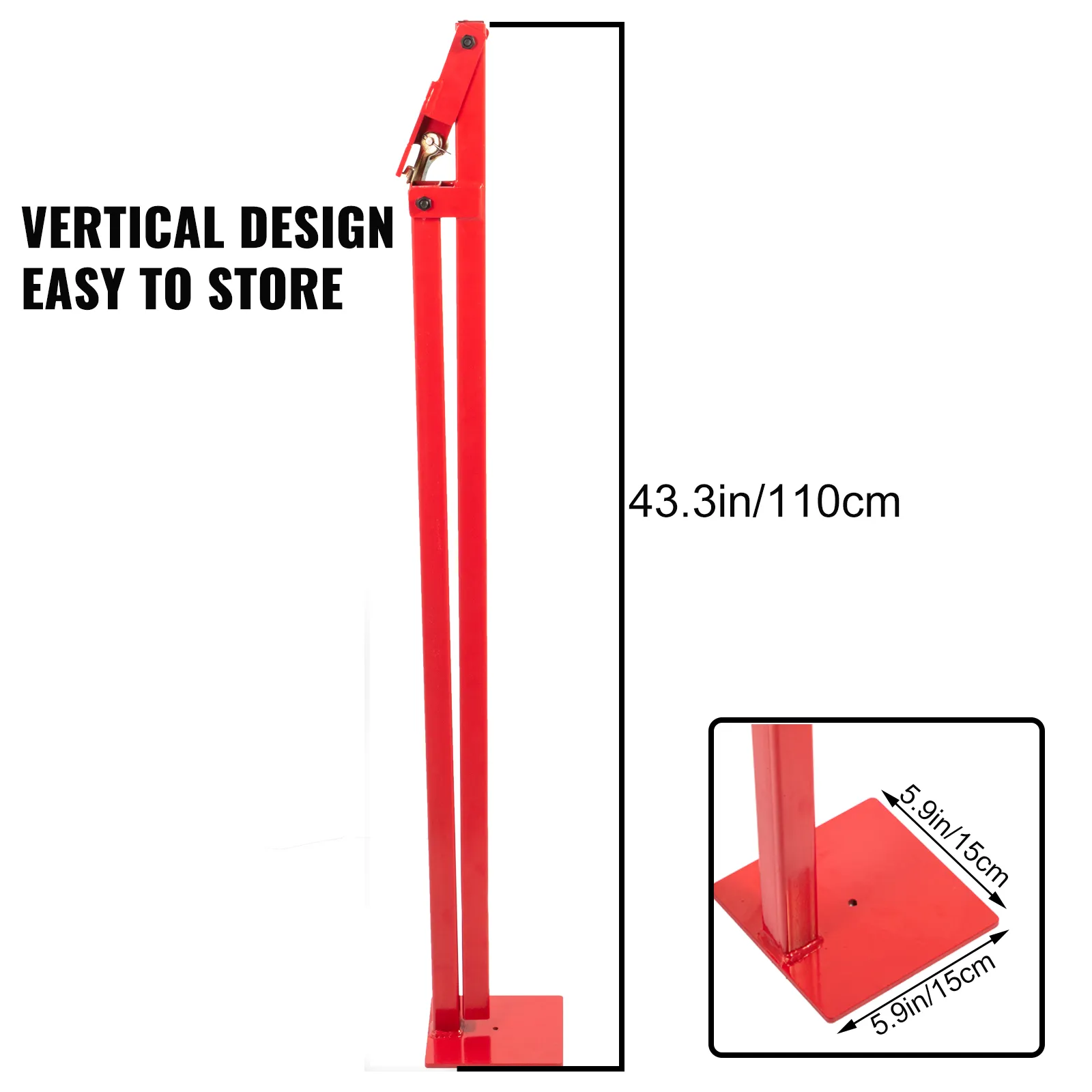 red VEVOR t post puller, vertical design, 43.3in/110cm height, easy to store.