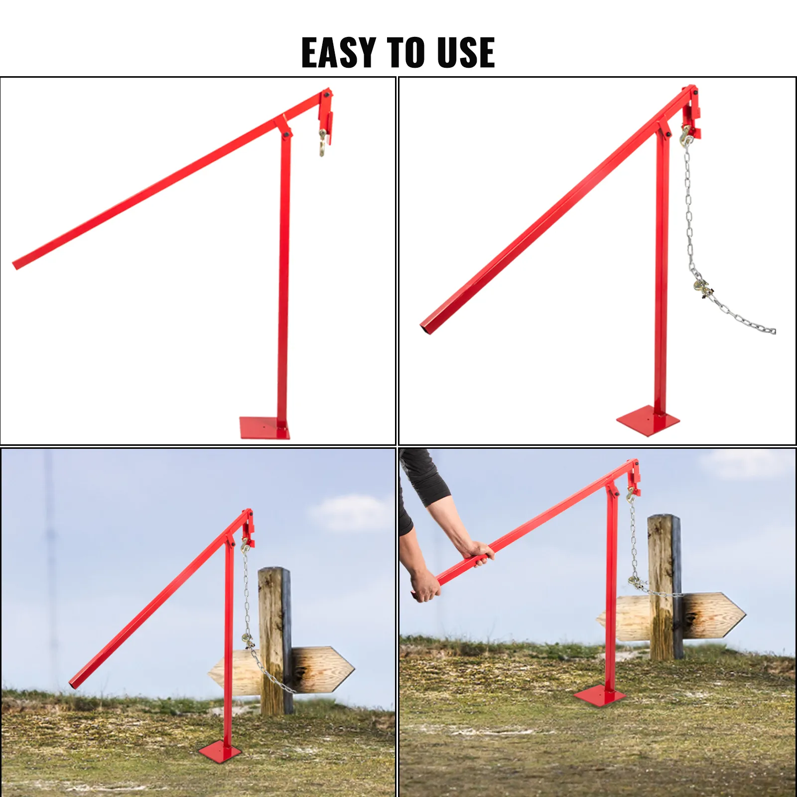 VEVOR t post puller, red, with chain mechanism, demonstrating ease of use.