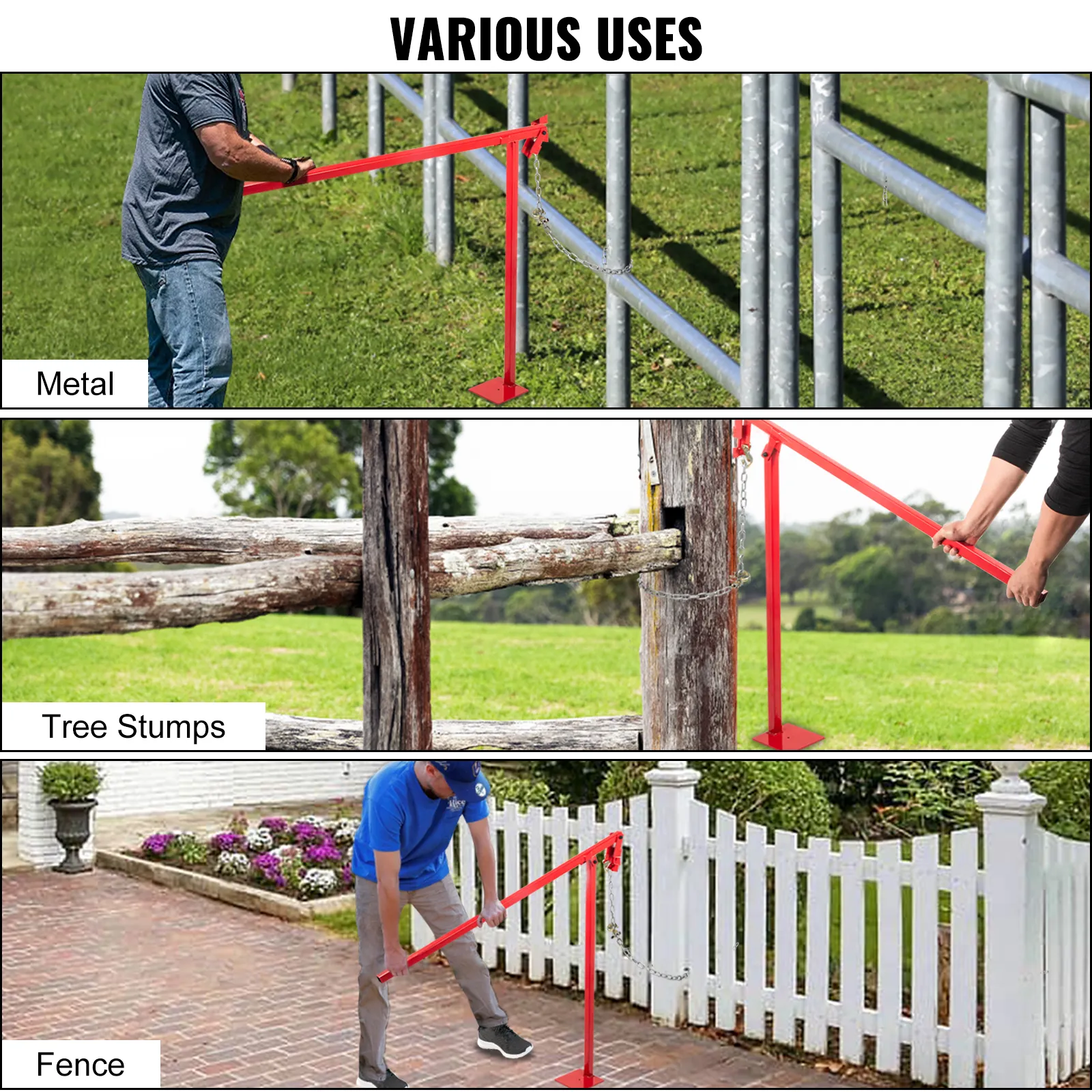 VEVOR t post puller removing metal posts, tree stumps, and fence posts. various uses.