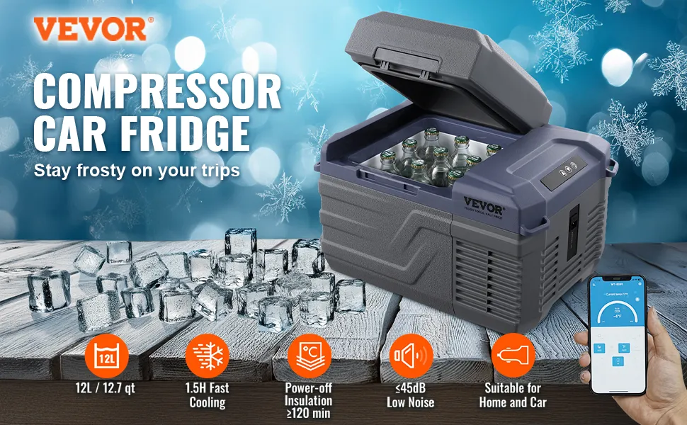 Lodówka samochodowa VEVOR, pojemność 12 l, kostki lodu, butelki, sterowanie smartfonem, szybkie chłodzenie i niski poziom hałasu