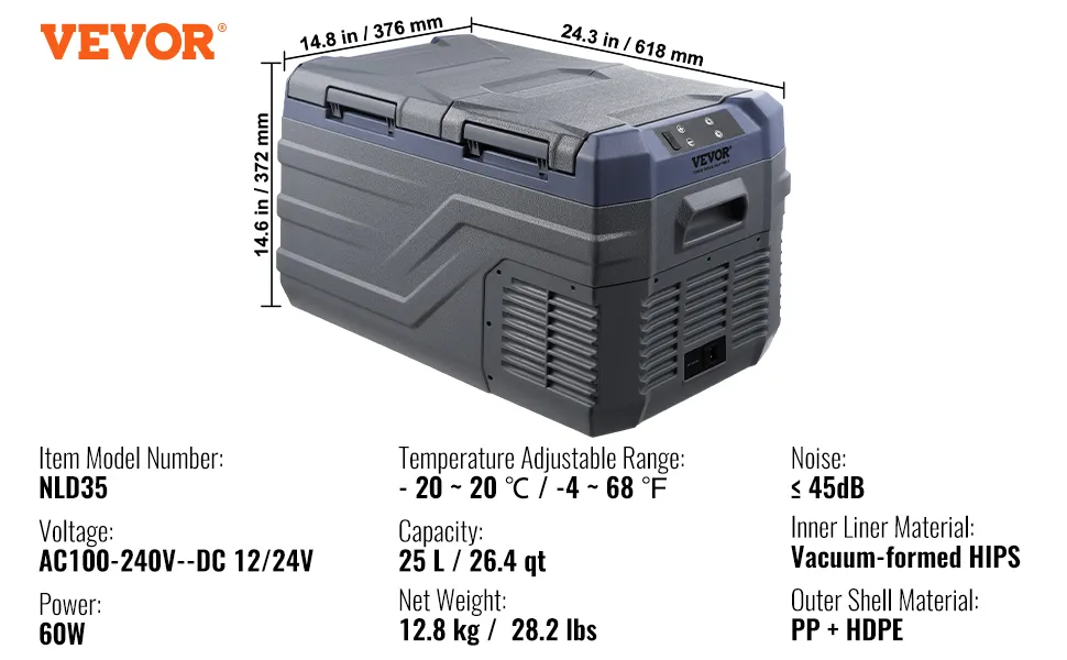 VEVOR draagbare autokoelkast NLD35, 25 l capaciteit, -20°C tot 20°C bereik, compact en robuust ontwerp.