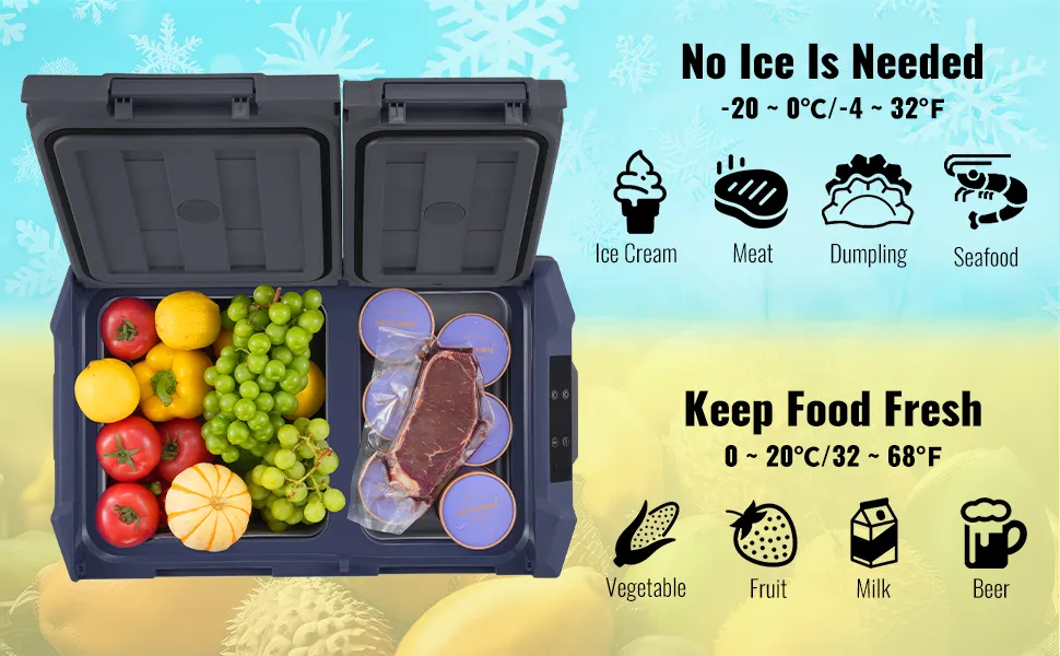 De draagbare VEVOR-autokoelkast houdt fruit, groenten en vlees vers in twee compartimenten.