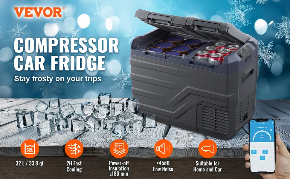 Frigorifero portatile per auto VEVOR con capacità di 32 litri, raffreddamento rapido, bassa rumorosità e controllo mobile.