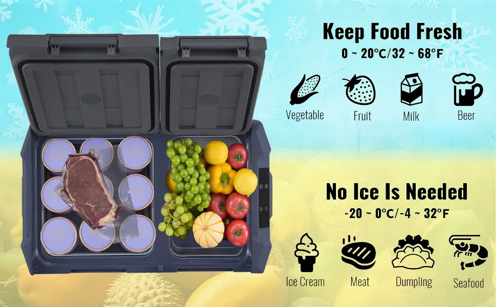 Frigorifero portatile per auto VEVOR con due scomparti pieni di verdura, frutta e carne.