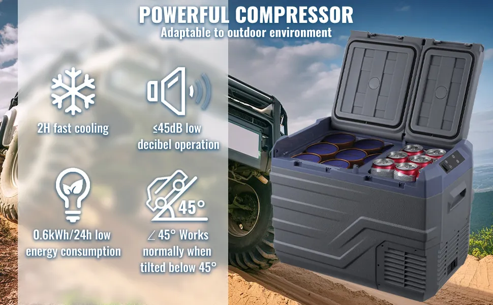 Frigorifero portatile per auto VEVOR con compressore potente, raffreddamento rapido in 2 ore, funzionamento a basso decibel.