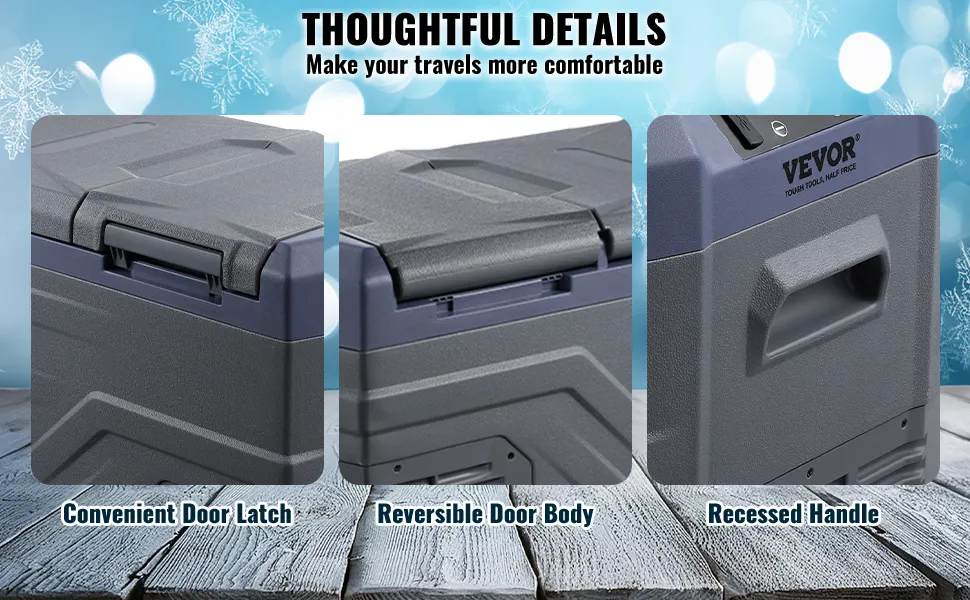 Frigorifero portatile per auto VEVOR dotato di pratica chiusura della porta, corpo della porta reversibile e maniglia incassata.