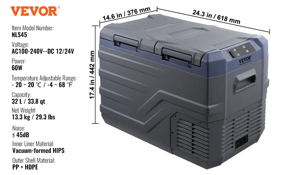Frigorifero portatile per auto VEVOR nls45, capacità 32 l, ac/dc, temperatura regolabile, design leggero e resistente.