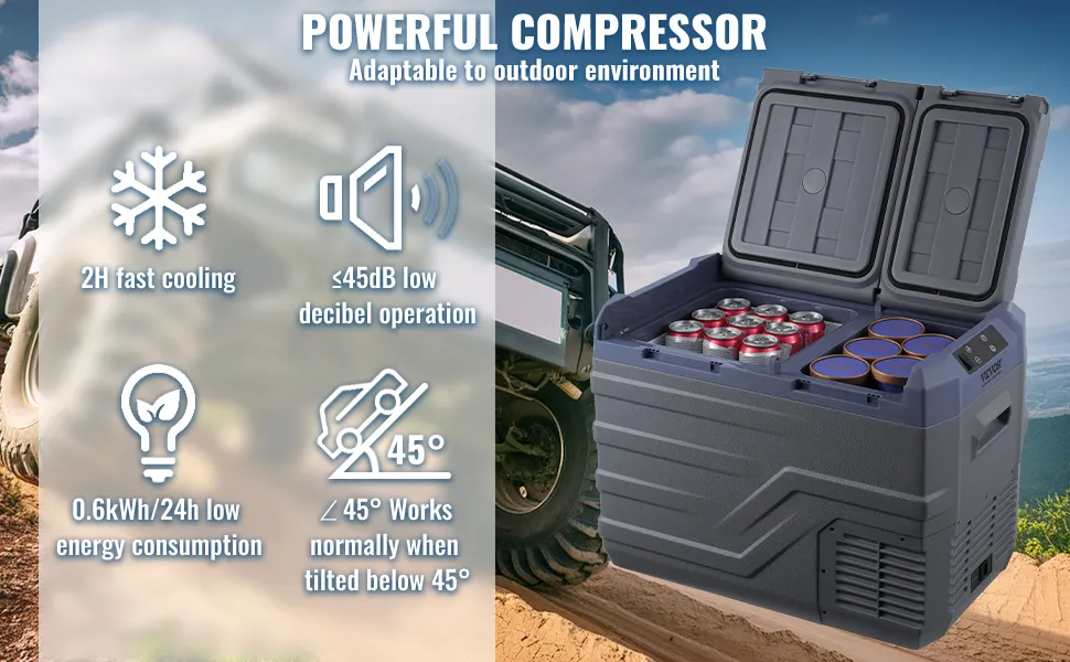 Frigorifero portatile per auto VEVOR con compressore potente, raffreddamento rapido in 2 ore, basso consumo energetico e funzionamento silenzioso.