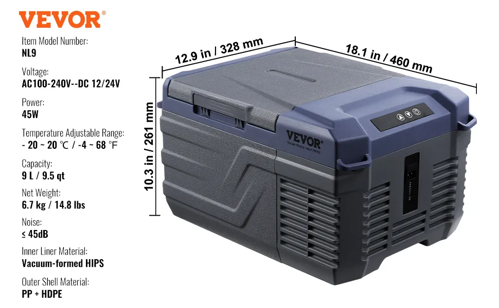 Refrigerador portátil para coche VEVOR, modelo nl9, capacidad de 9l, 45w, rango de temperatura -20 a 20°c, dc 12/24v.