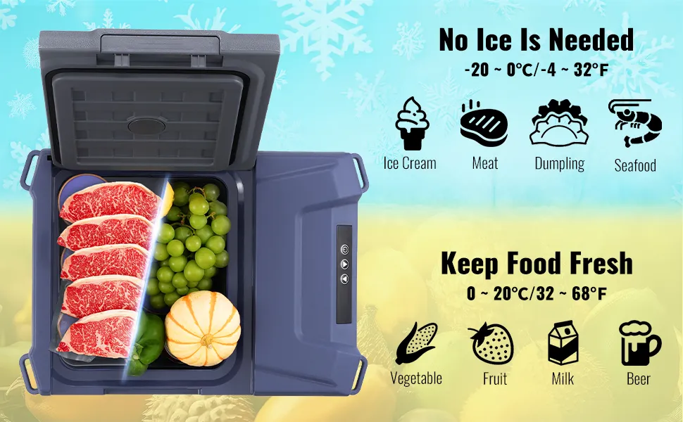 Refrigerador portátil para automóvil VEVOR abierto con carne, uvas y una calabaza en su interior; perfecto para mantener los alimentos frescos.