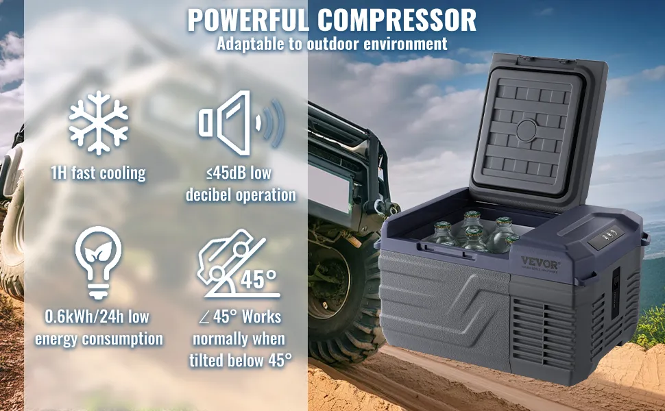 Refrigerador portátil para automóvil VEVOR con potente compresor, bajo consumo de energía y enfriamiento rápido.