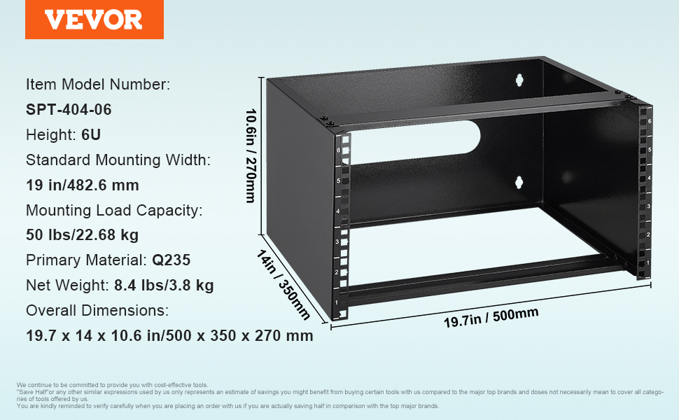 VEVOR 6U Wall Mount Network Rack, 14 in/355.6 mm Depth, 50 lbs