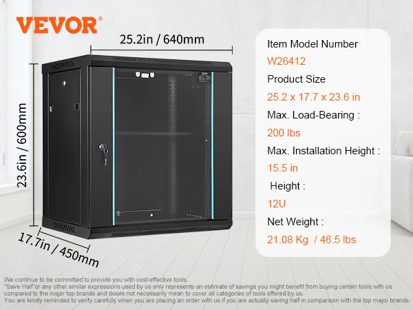 Afmetingen en specificaties van de VEVOR netwerkserverkast w26412, gewicht 21,5 kg, draagvermogen 90 kg.
