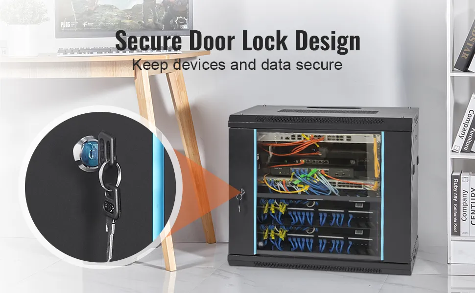 VEVOR 9U Wall-Mounted Server Network Cabinet, 15.5'' Depth, Secure Rack ...