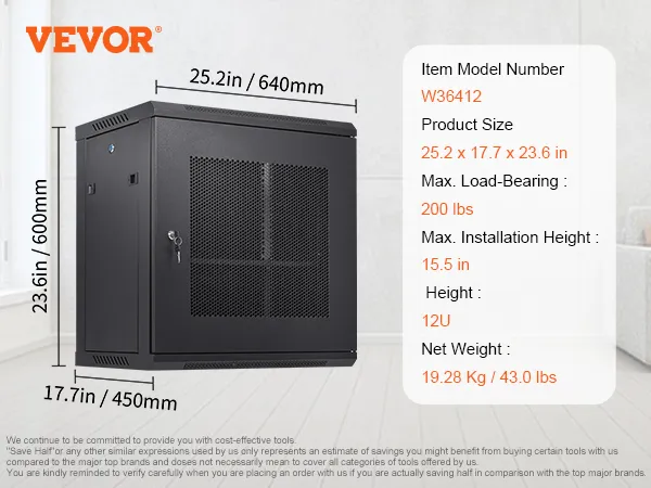 VEVOR 12u wall mount server cabinet with 200 lbs max load, dimensions of 25.2"x17.7"x23.6".