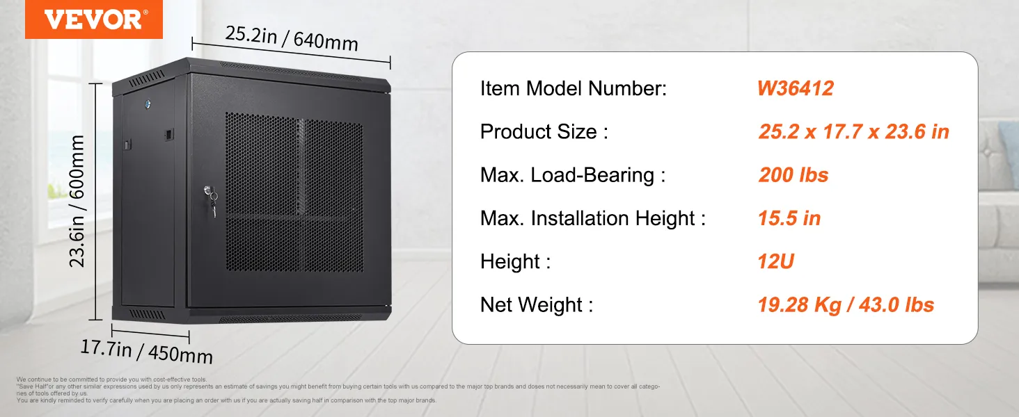 VEVOR 12u wall mount server cabinet with 200 lbs max load, dimensions of 25.2"x17.7"x23.6".