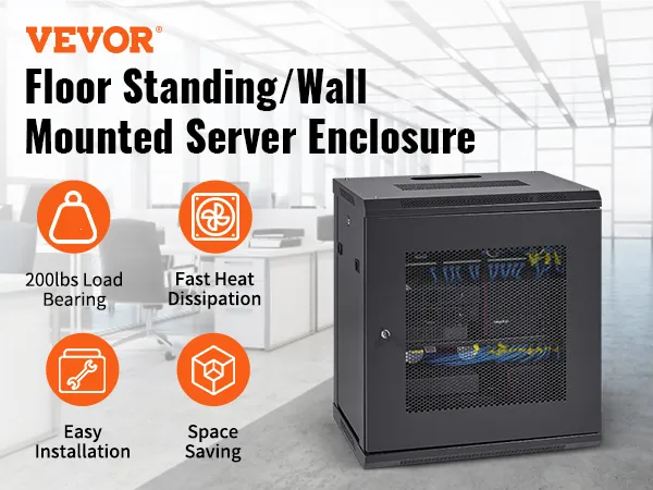 VEVOR 12u wall mount server cabinet in modern office with features: load bearing, heat dissipation, easy installation, space saving.