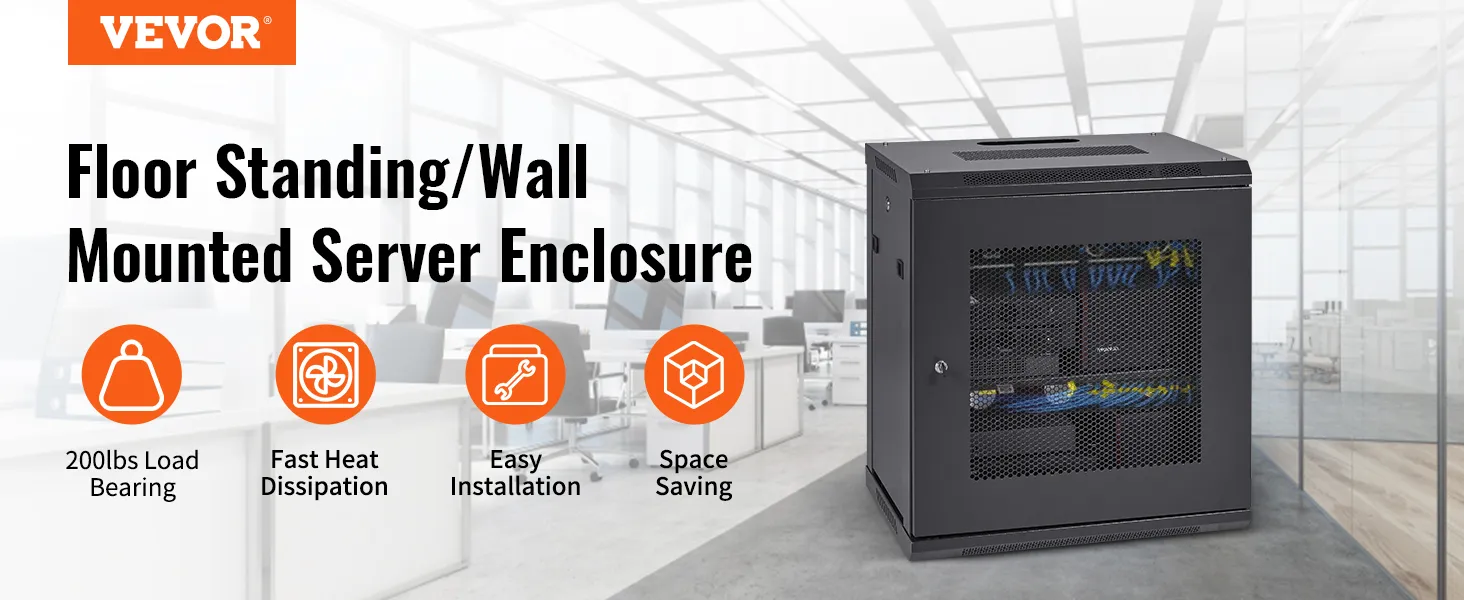 VEVOR 12u wall mount server cabinet in modern office with features: load bearing, heat dissipation, easy installation, space saving.