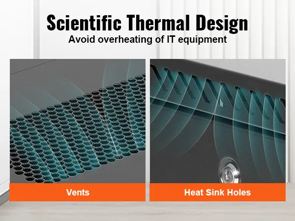 VEVOR 12u wall mount server cabinet with vents and heat sink holes for thermal management.