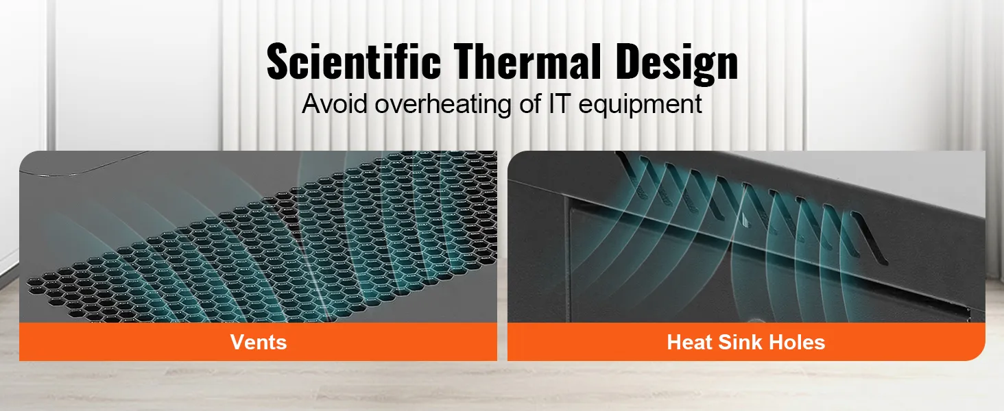 VEVOR 12u wall mount server cabinet with vents and heat sink holes for thermal management.