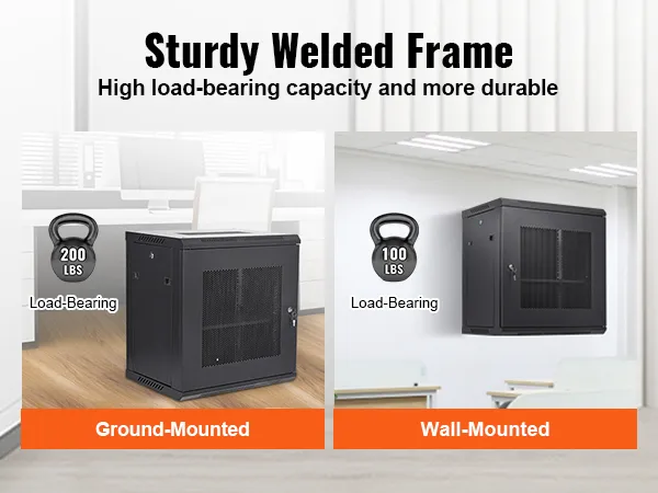 sturdy VEVOR 12u wall mount server cabinet with high load-bearing capacity for ground and wall mounting.