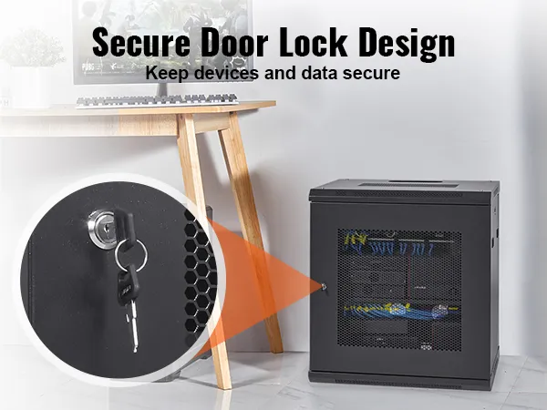 VEVOR 12u wall mount server cabinet with secure door lock design, placed next to a desk and bookshelf.
