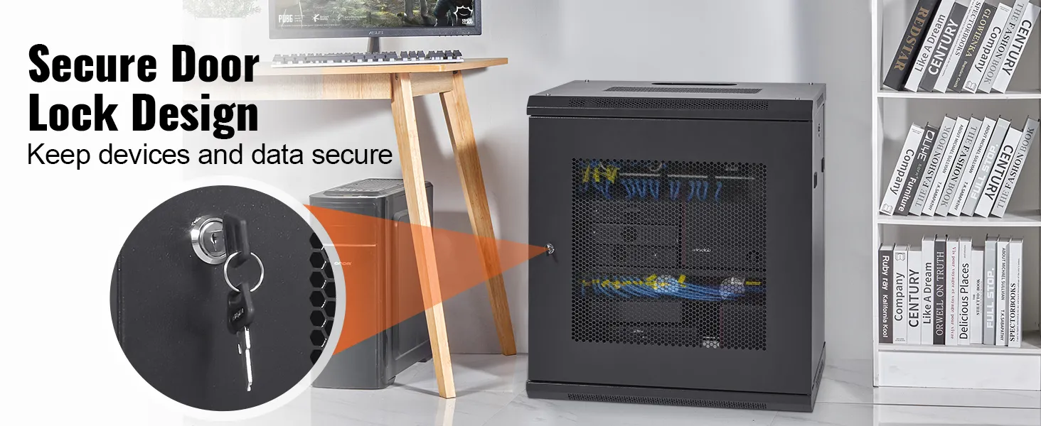 VEVOR 12u wall mount server cabinet with secure door lock design, placed next to a desk and bookshelf.