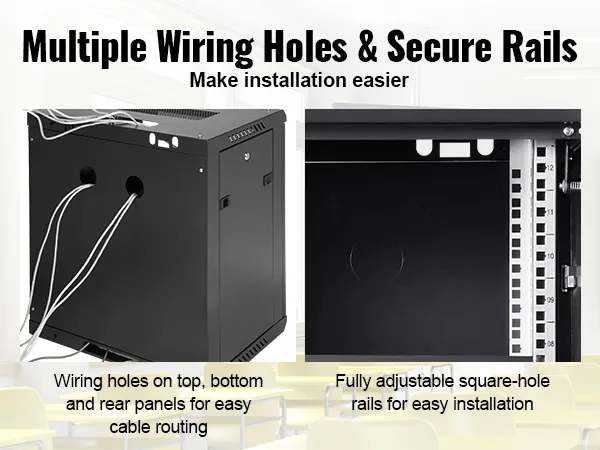 multiple wiring holes and secure rails in the VEVOR 12u wall mount server cabinet for easy installation.