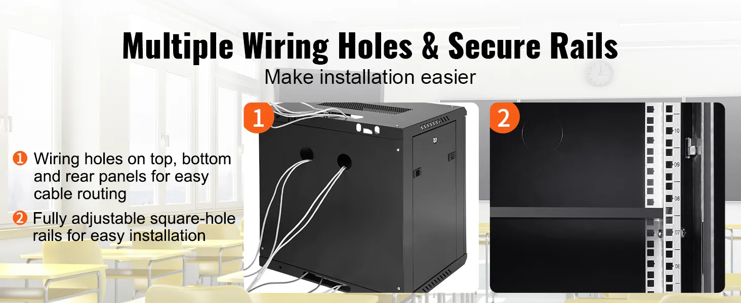 multiple wiring holes and secure rails in the VEVOR 12u wall mount server cabinet for easy installation.